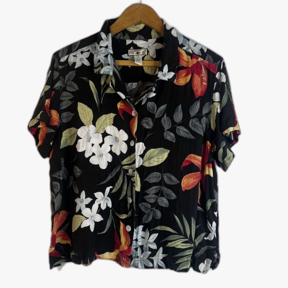 Caribbean Joe Tropical Black Floral Silk Blend Blouse Button Front‎ Size PXL